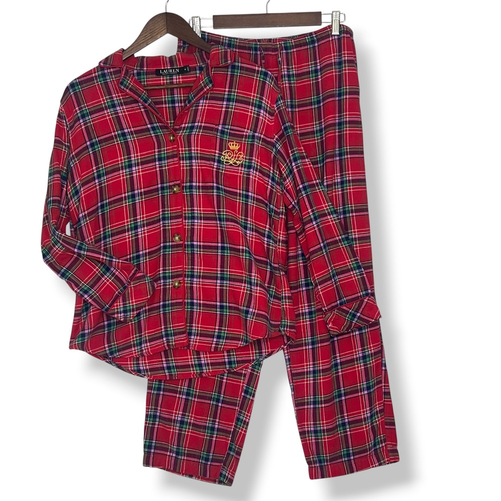 Lauren Ralph Lauren Pajama Set M Red Plaid Flannel 100% Cotton Monogram Logo